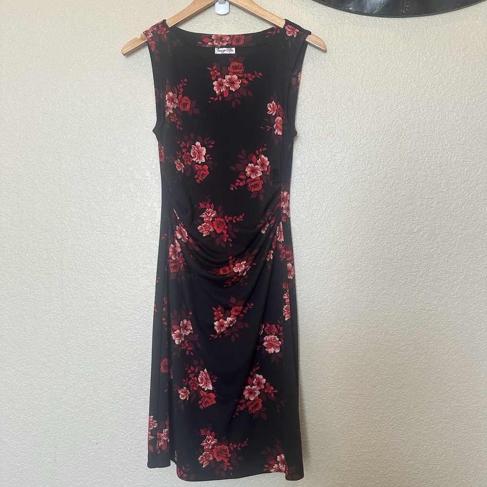 90s Y2k Black Bodycon Dress Red Roses Rouched Sides Teeze Me USA Medium